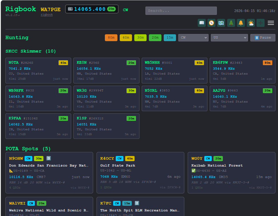 Rigbook hunting screen showing active POTA activators and SKCC members