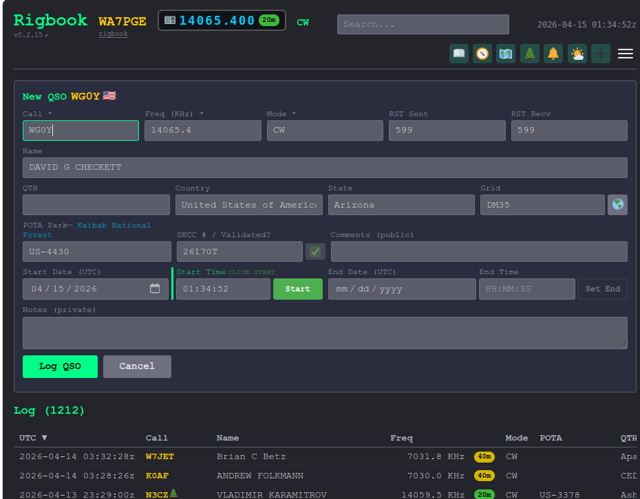Rigbook logging screen showing a new QSO form and the log table