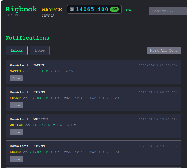 Rigbook notifications screen showing HamAlert spots and in-app alerts