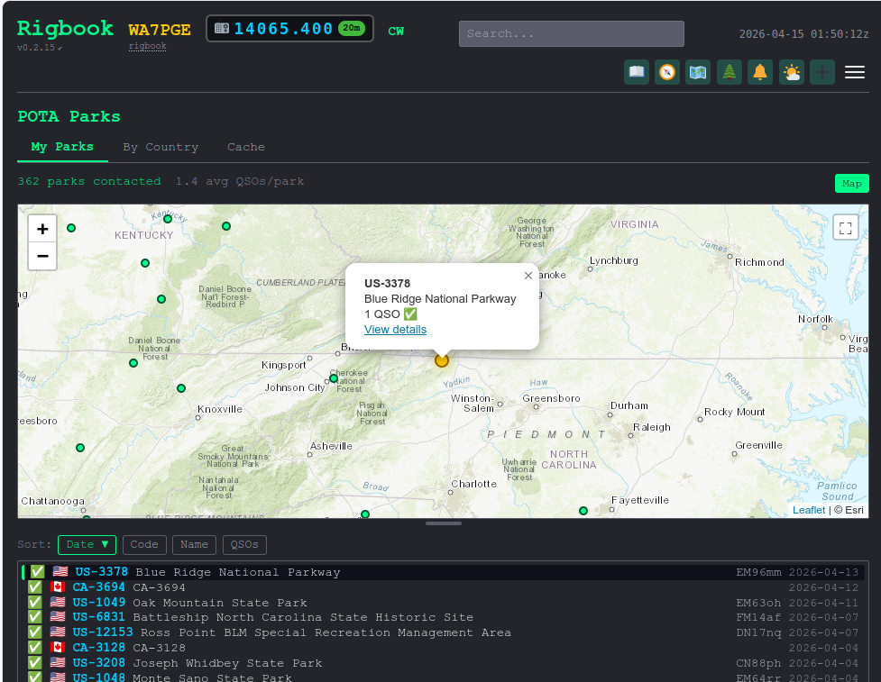Rigbook Parks on the Air screen showing park details and map